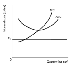 Graph showing long run equilibrium in perfect competition with price P1, MC, and ATC curves.