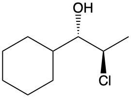 Chemical structure of a halohydrin with OH and Cl groups attached.