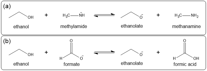 Chemical reactions showing methylamide and formate deprotonating ethanol in organic chemistry.