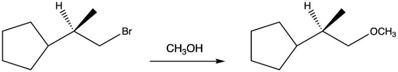 SN2 reaction diagram showing bromine leaving and methanol stabilizing the transition state.