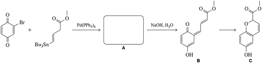 Chemical reaction diagram showing the Stille coupling reaction and the conversion of compound A to B and C.
