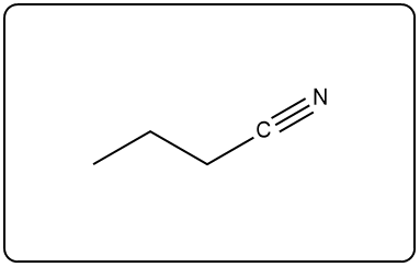 Structural formula of pentanenitrile, showing a five-carbon chain with a nitrile group.