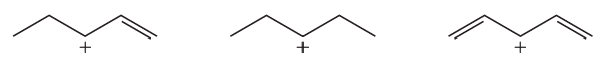 Three carbocation structures are shown, illustrating varying stability levels for comparison.