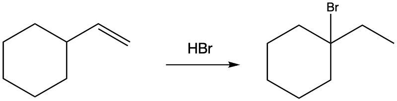 Reaction showing hydrohalogenation of an alkene with HBr.