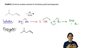 Provide the complete mechanism for the following radical hydrohalogenation.