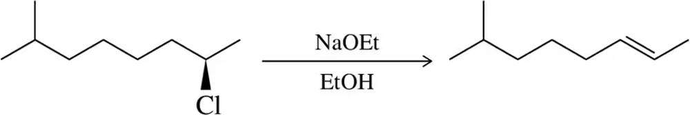 Diagram illustrating an E2 elimination reaction with a chlorine atom and sodium ethoxide in ethanol as reagents.
