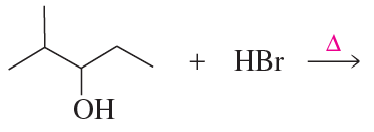 Chemical reaction showing an alcohol reacting with HBr to form a major product, indicated by an arrow.