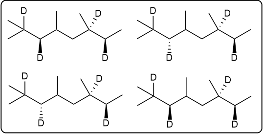 Four possible products of hydrogenation with deuterium atoms indicated.