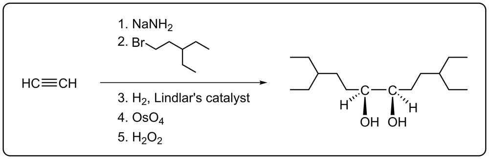 Reaction scheme showing reagents to convert acetylene and 1-bromo-3-ethylpentane into meso-3,10-diethyldodecane-6,7-diol.