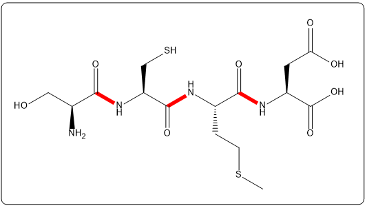 Structure of tetrapeptide Ser-Cys-Met-Asp with peptide bonds highlighted in red.