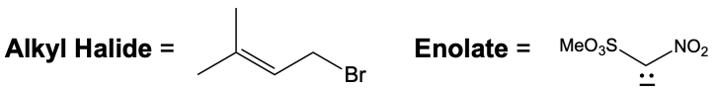 Alkyl halide and enolate structures with electron pair notation for catalytic allylic alkylation.