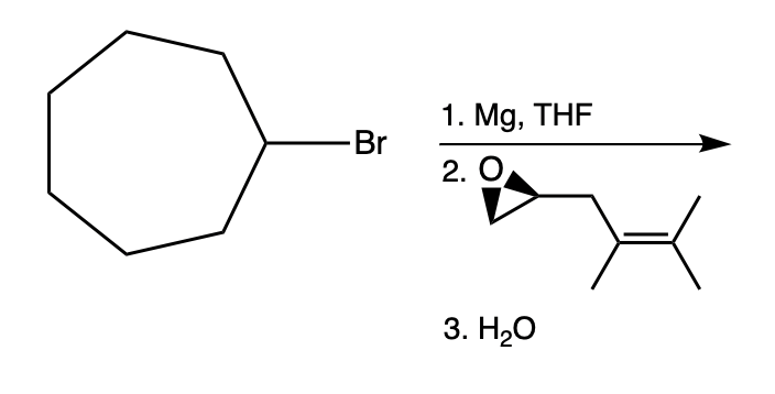 Chemical reaction diagram showing Grignard reagent formation with steps labeled.