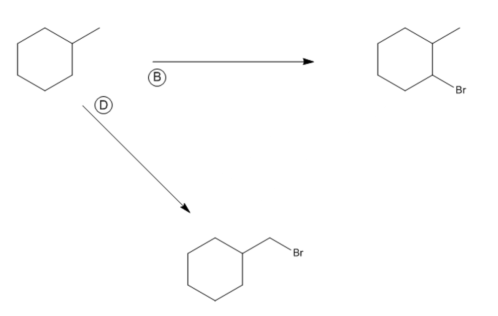Starting with methylcyclohexane, two brominated products form at different positions via halogenation reactions.