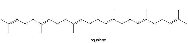 Chemical structure of squalene, showing isoprene units.