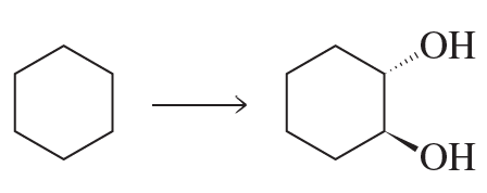 Chemical reaction diagram showing the conversion of a cyclohexane to a diol with hydroxyl groups.