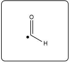 Isobutyraldehyde structure with a dot indicating a fragment in mass spectrometry.