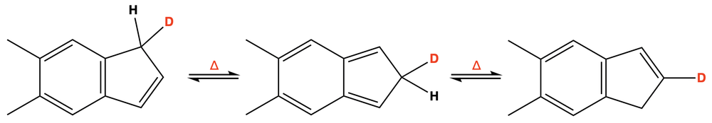 Mechanism showing deuterium distribution in a five-membered ring during sigmatropic rearrangement.