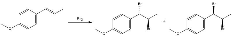 Reaction of 4-methoxystyrene with Br2 producing cis and trans dibromides.