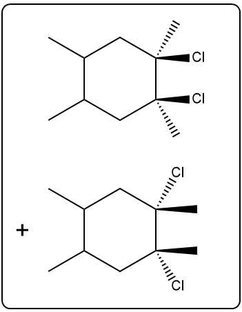 Illustration showing the addition of Cl2 to a compound, resulting in two products.