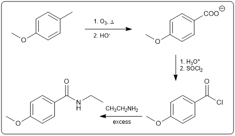 Synthesis steps using O3 and H3O+ for carboxylation reaction.