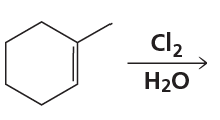 Chemical reaction diagram showing a benzene ring reacting with chlorine and water to form a halohydrin product.
