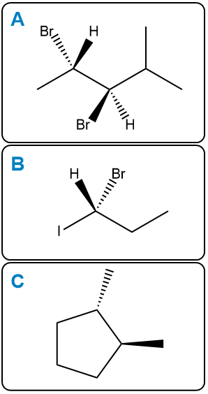 Structures of (2R,3R)-2,3-dibromo-4-methylpentane, (R)-1-bromo-1-iodopropane, and achiral 1,2-dimethylcyclopentane.