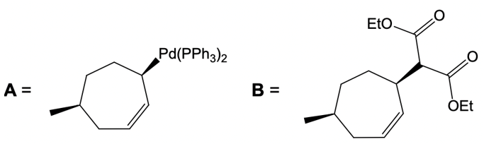 Structures of organopalladium compound A and coupling product B for the reaction.