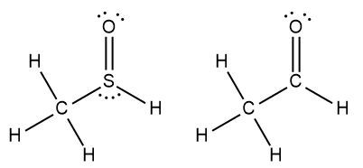 Lewis structures of CH3S(=O)H and CH3C(=O)H showing pyramidal and planar geometries.