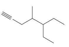 Structural formula of an alkene with labeled carbon chains and double bond for naming practice.