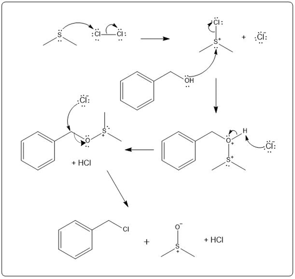 Arrow-pushing mechanism illustrating chloroalkane formation from dimethyl sulfide and Cl2.