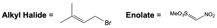 Alkyl halide and enolate structures for catalytic allylic alkylation reaction.