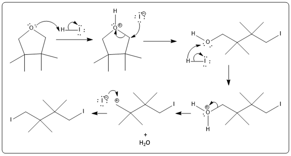 Illustration of ether cleavage mechanism with electron flow and product formation, including water.