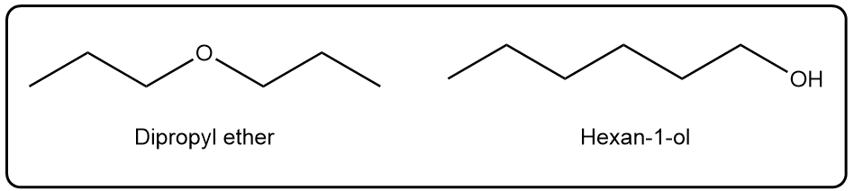 Chemical structures of dipropyl ether and hexan-1-ol for boiling point comparison.