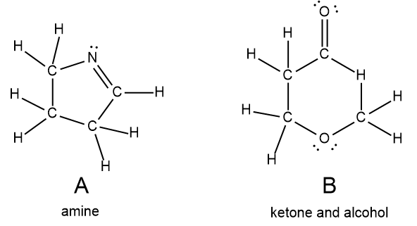 Lewis structures of an amine and a ketone with alcohol.