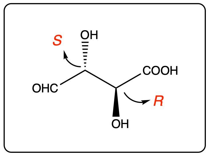 Chiral molecule with R and S configurations indicated in red.