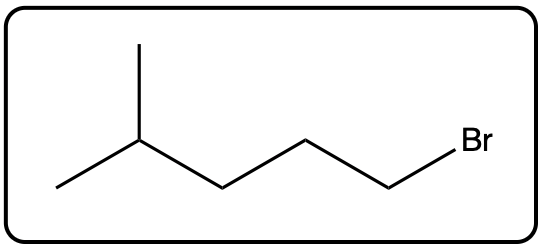 Structure of isohexyl bromide with a bromine atom attached to a carbon chain.