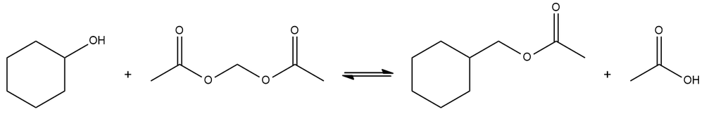 Chemical reaction diagram depicting cyclohexylmethanol and acetic anhydride yielding cyclohexylmethyl acetate.