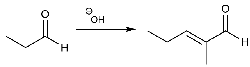 Aldol condensation mechanism showing reactants and products with arrows indicating reaction steps.