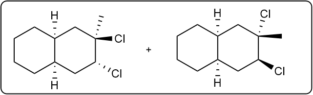 Chemical reaction illustrating the addition of Cl2 to a compound, resulting in two products with chlorine.