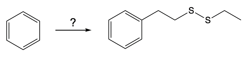 Chemical reaction steps from benzene to a compound with disulfide bonds.