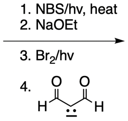 Synthetic pathway steps for 2-cinnamylmalonaldehyde from propylbenzene.