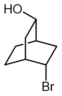 Chemical structure of a compound with HO and Br groups for elimination reaction analysis.