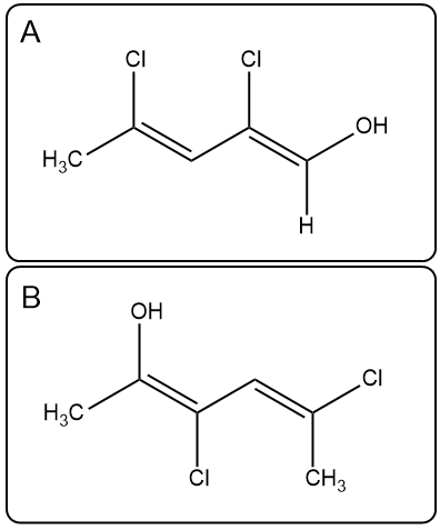 Molecular structures of (1Z,3Z)-2,4-dichloropenta-1,3-dien-1-ol and (2E,4E)-3,5-dichlorohexa-2,4-dien-2-ol.