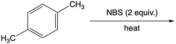 Chemical reaction showing benzylic bromination with NBS and heat.