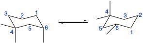 Diagram showing chair conformations of alkanes, illustrating a chair flip with numbered labels.