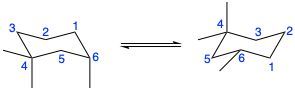 Diagram showing chair conformations of alkanes, illustrating a chair flip with numbered labels.