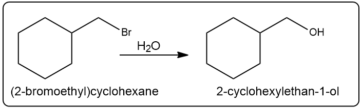 SN1 reaction illustrating formation of 2-cyclohexylethan-1-ol from (2-bromoethyl)cyclohexane with water.