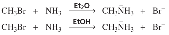 Comparison of two substitution reactions involving CH3Br, NH3, Et2O, and EtOH, showing products and reaction conditions.