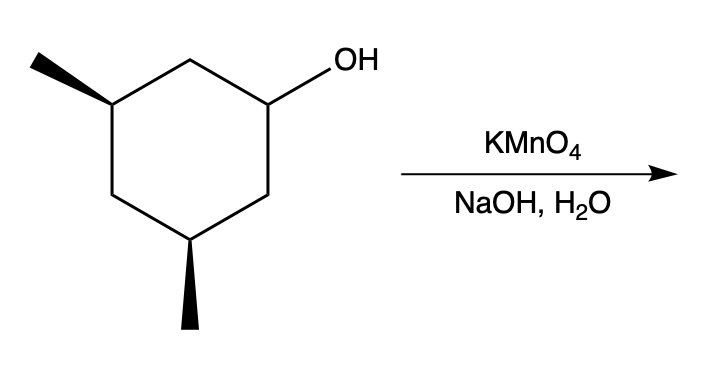 Chemical structure of an alcohol undergoing oxidation with KMnO4 and NaOH.