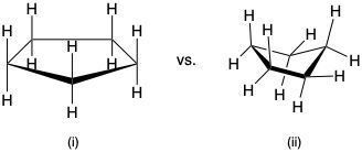 Comparison of two conformations of alkanes showing strain energy; (i) has less strain than (ii).